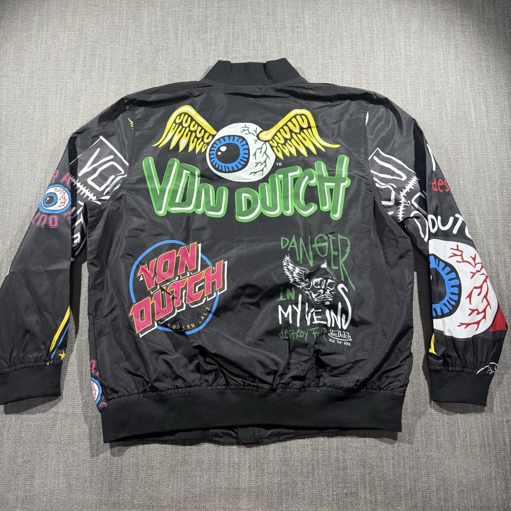 Von Dutch Jacket Mens XL Black Multicolor Graphic Bomber Full Zip Logo Allover - Picture 5 of 6